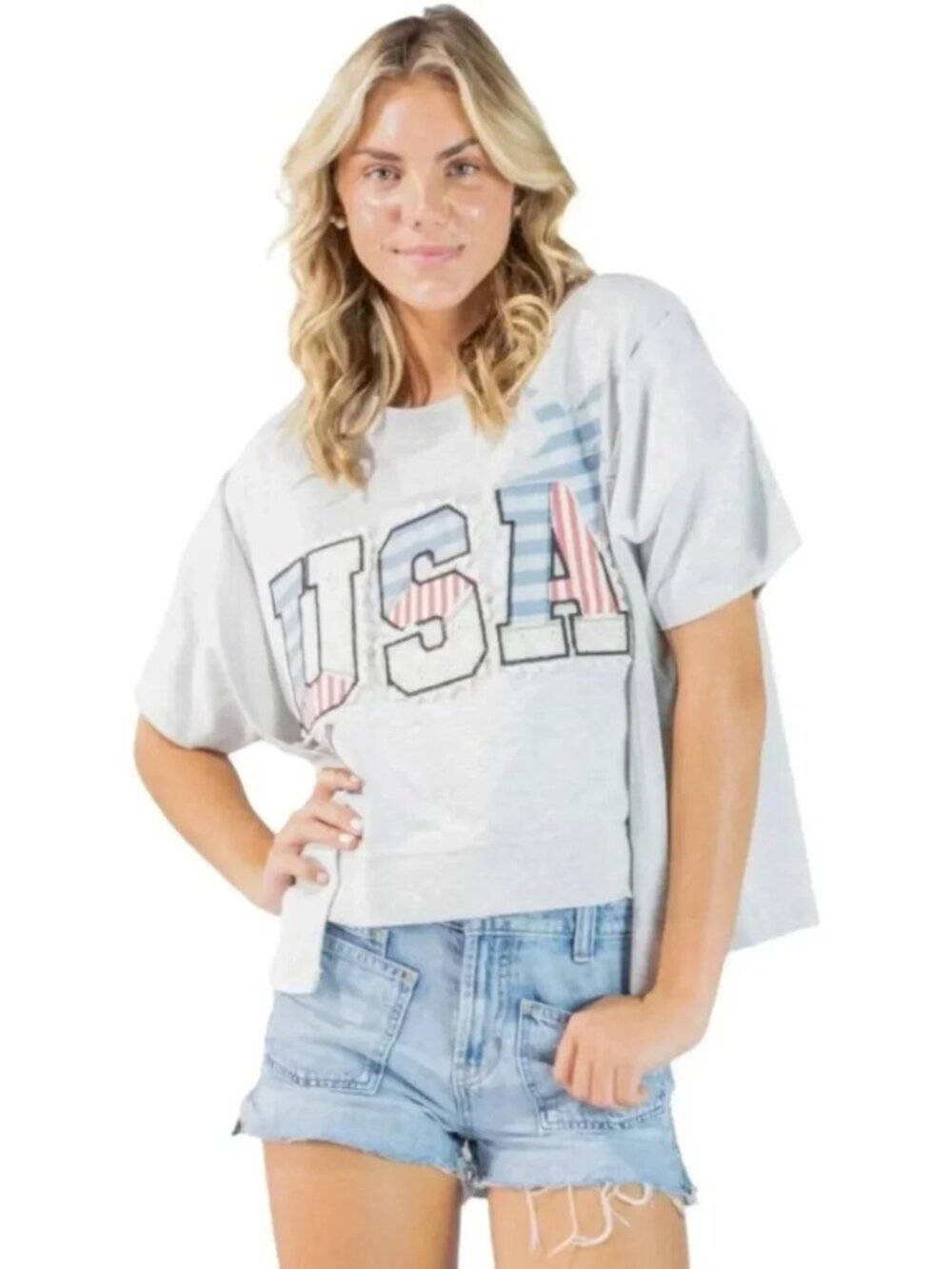 Simply Southern Ladies Grey 'USA' Patchwork T-Shirt Size L NWT